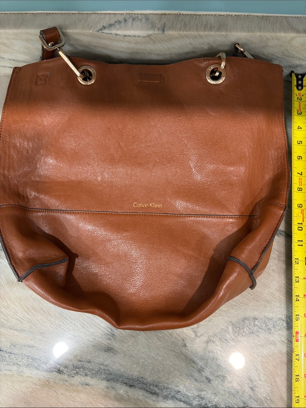 Calvin Klein Cognac Brown Leather Shoulder Bag with Gold Hardware